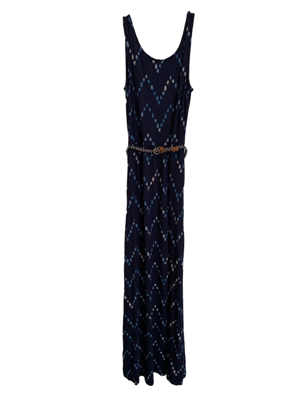 MERONA Womens Blue Ivory Print Rounded Neck Belted Sleeveless Tank Maxi Dress
